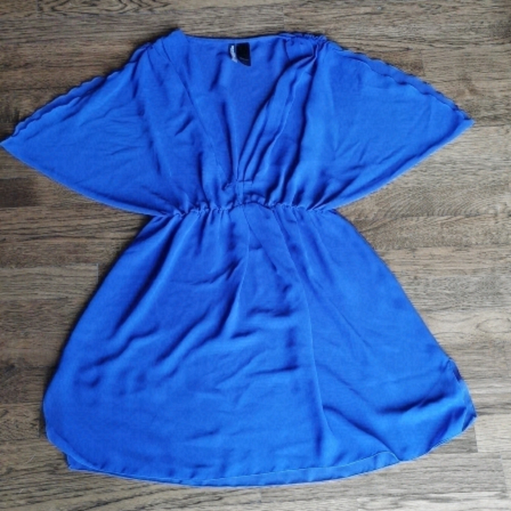 BISOU Bisou Pleated Sheer Blue Dress Swim Cover Large
